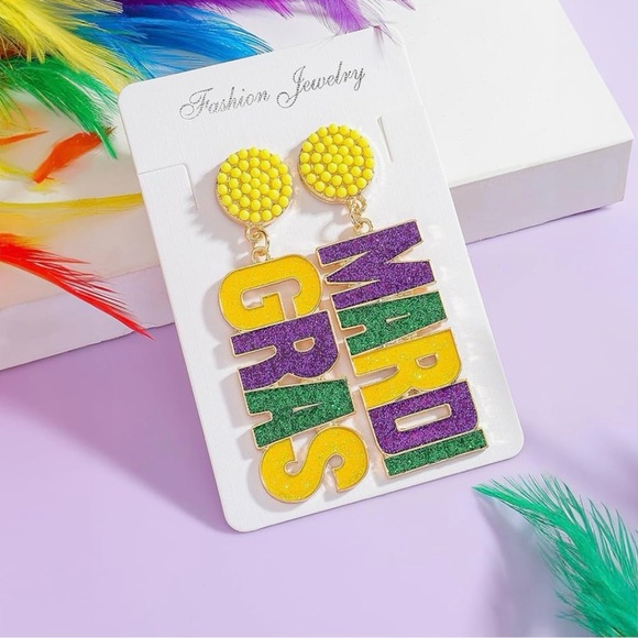 Mardi Gras Green Purple and Gold Letter Earrings - New! - Picture 3 of 7